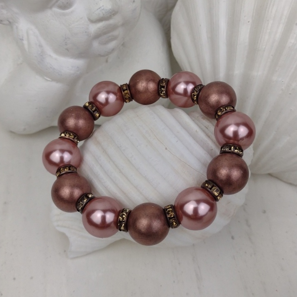 🌻3 For $15  High Quality Pink & Bronzy  Beaded Stretch Sparkly Bracelet